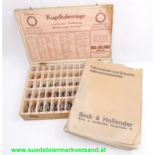 Bock & Hollender, Katalog und Kiste mit Kugelhalteringe